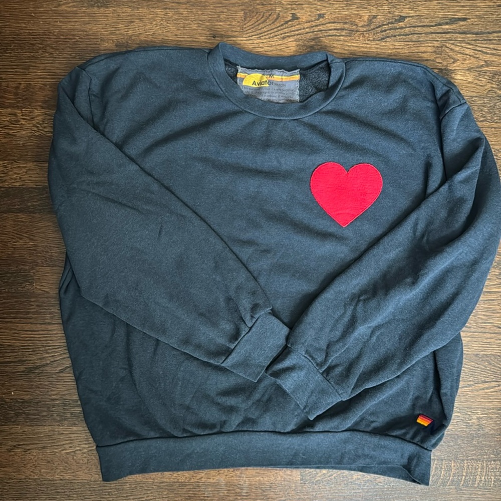 Aviator Nation Heart Stitch Relaxed Crew Sweatshirt - Charcoal M